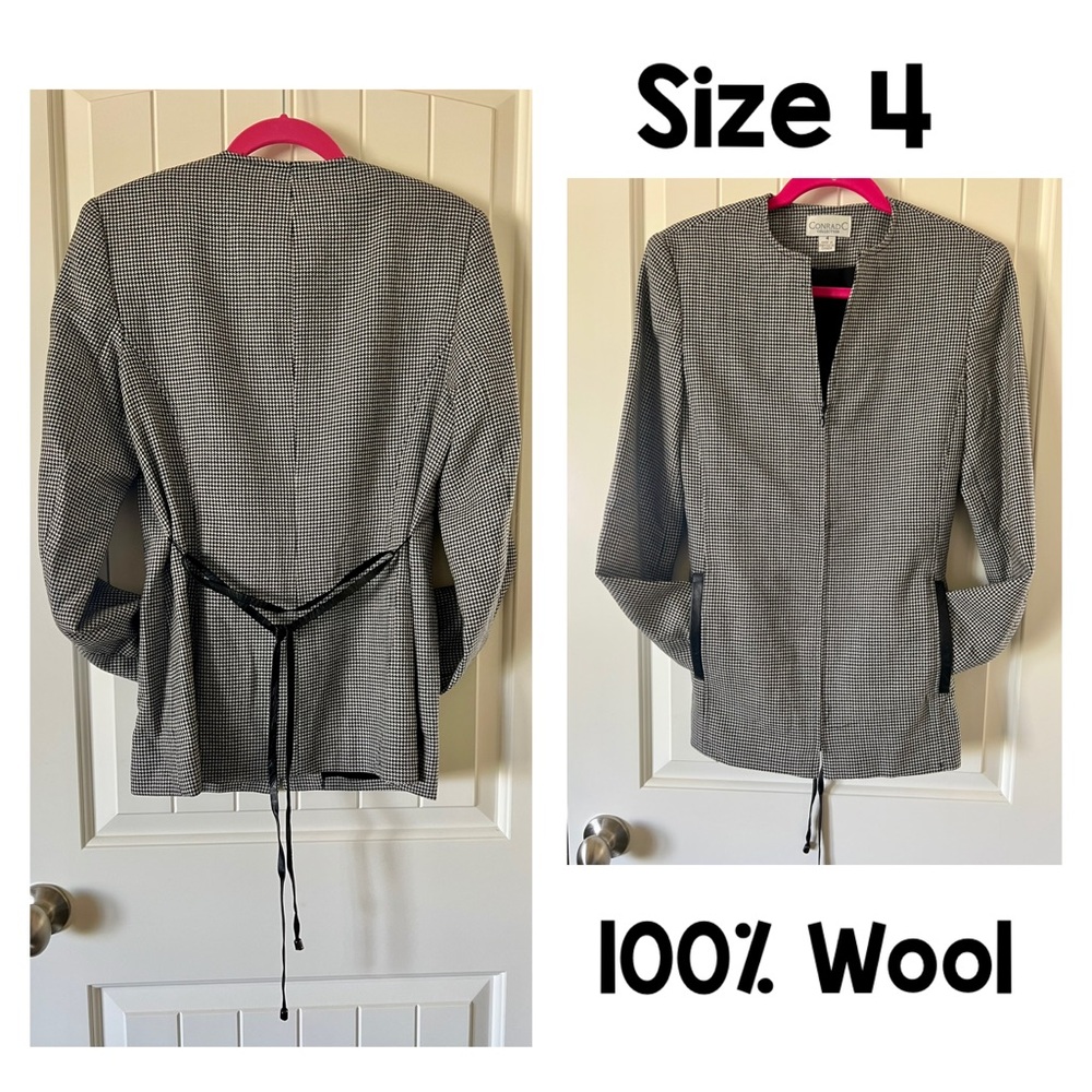 Vintage Belted Black and White Zip Up Houndstooth Wool Jacket, Lined, Size 4